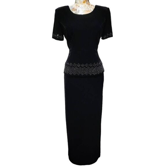 Formal Long Black Velvet Beaded Long Gown Maxi Dress Designer R&M Richards - Picture 12 of 12